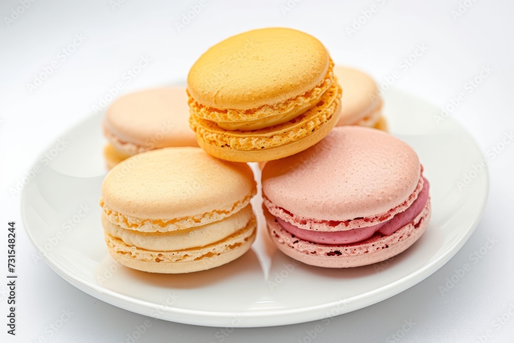 French macarons on a white plate against a white background