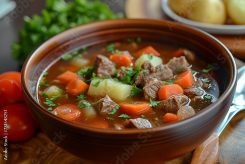 Beef Rib Soup made with tomato carrots potato and beef broth tastes refreshing and is served during cold weather or Eid Al Adha