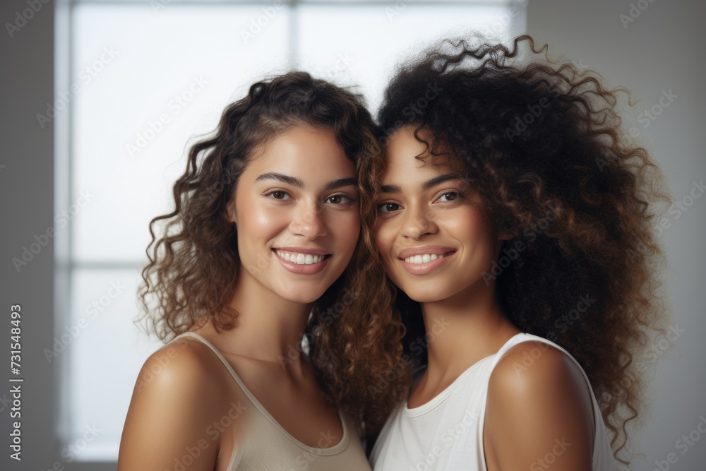 Two smiling women with beautiful curly hair, close friends Two smiling women with beautiful curly hair, close friends