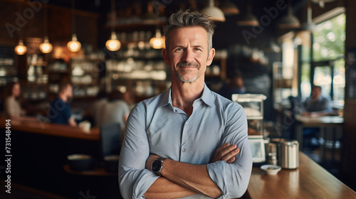Smiling middle aged male business owner of coffee shop standing with crossed arms, looking at camera.