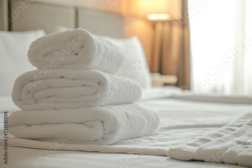 Hotel room with clean towels on bed Maid made up bed with white pillows and sheets in beautiful bedroom Close up interior background showcasing towel and room © LimeSky