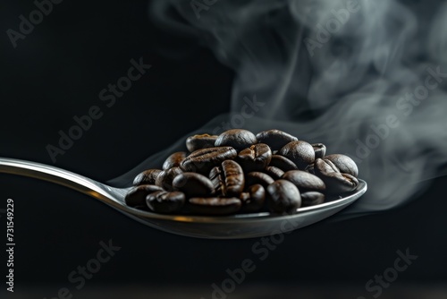 Steamed coffee beans on a black spoon