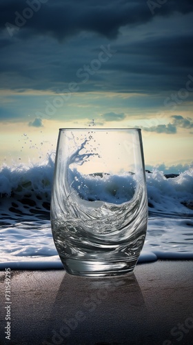 Glass with waterdrops and dramatic ocean waves in the background Generative Ai