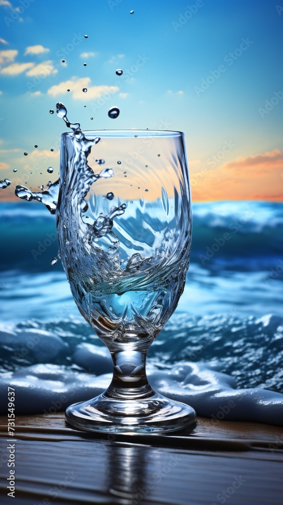 Glass with waterdrops and dramatic ocean waves in the background Generative Ai Glass with waterdrops and dramatic ocean waves in the background Generative Ai