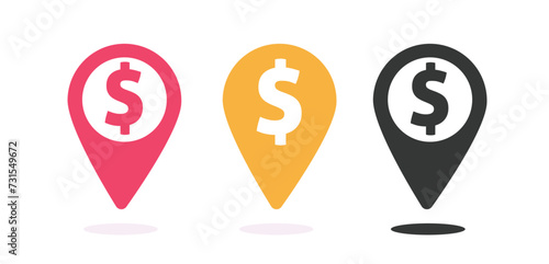 Money dollar map pin pointer marker sign icon vector graphic illustration set, simple pictogram of cash exchange or bank atm navigation point location arrow black red yellow image clipart