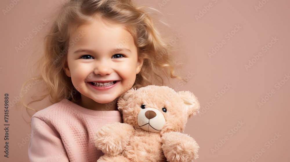 Studio portrait of a toddler girl with teddy bear. Advertising concept. AI generated image. Studio portrait of a toddler girl with teddy bear. Advertising concept. AI generated image.