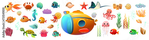 set underwater world of animals, fish and plants. Tropical species. Object isolated on white background. Cartoon fun style Illustration vector