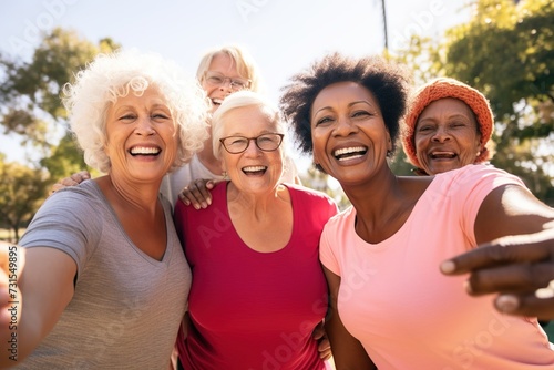 Fit multiracial senior women having fun after yoga class at city park - Elderly female friends taking a selfie while smiling on camera