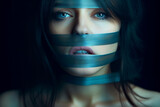 Freedom of speech, ethereal eternal forced muffled, A young girl's mouth crossed with sticky tape.