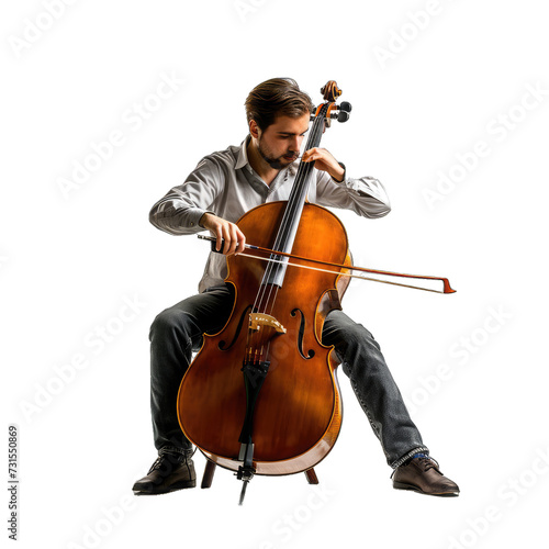 A Cellist Playing the Cello.. Isolated on a Transparent Background. Cutout PNG.