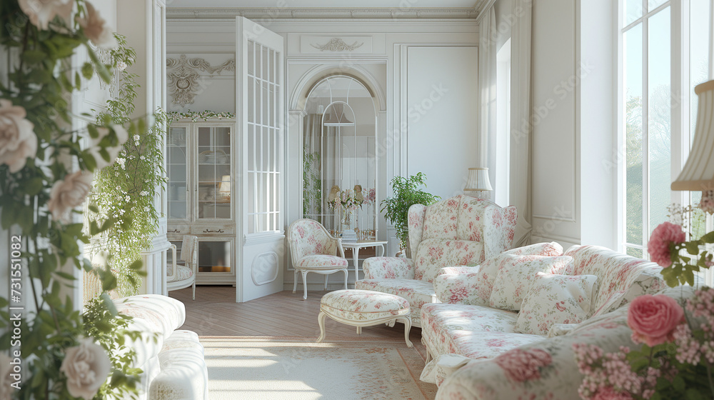 Elegant French Country Living Room: Vintage Provence Style Interior with Floral Upholstered Sofas, Antique Wooden Furniture, and Fresh Flower Arrangements, Classic Elegance with Natural Light