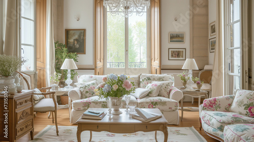 Elegant French Country Living Room: Vintage Provence Style Interior with Floral Upholstered Sofas, Antique Wooden Furniture, and Fresh Flower Arrangements, Classic Elegance with Natural Light © AIRina