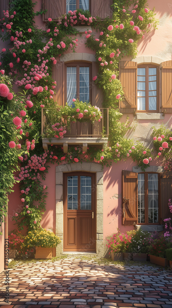 Storybook Charm: Pastel-Pink Provence House Adorned with Lush Rose Vines, Traditional Wooden Shutters, and Cobblestone Pathway, Quintessential French Village Romance