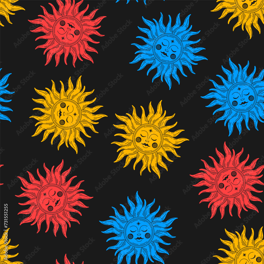 Celestial seamless pattern with colorful sun. Celestial seamless pattern with colorful sun.