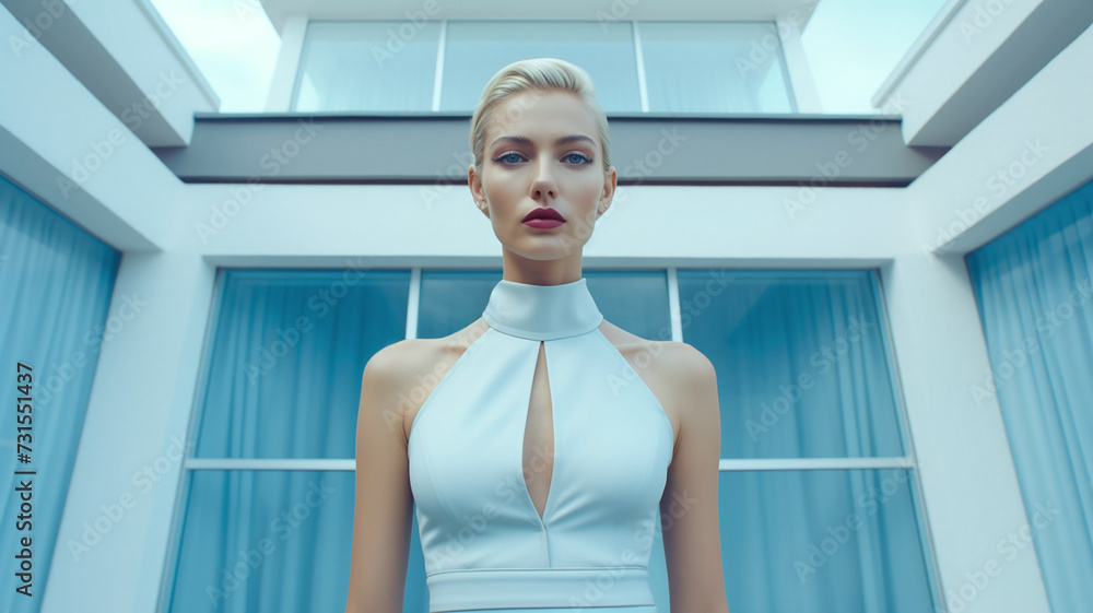 Symmetrical close-up portrait of an expressive French supermodel in powder blue house tight clothing. Symmetrical close-up portrait of an expressive French supermodel in powder blue house tight clothing.