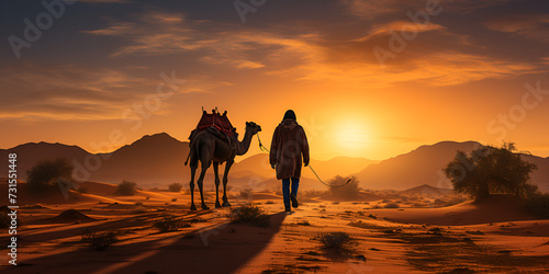 Berber man leading camel caravan in the desert at sunset. Dusk Trek: Berber Nomad Leading Camel Caravan Across the Sands