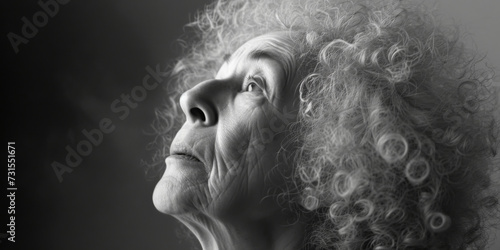 elderly woman with curly hair looking up, generative AI