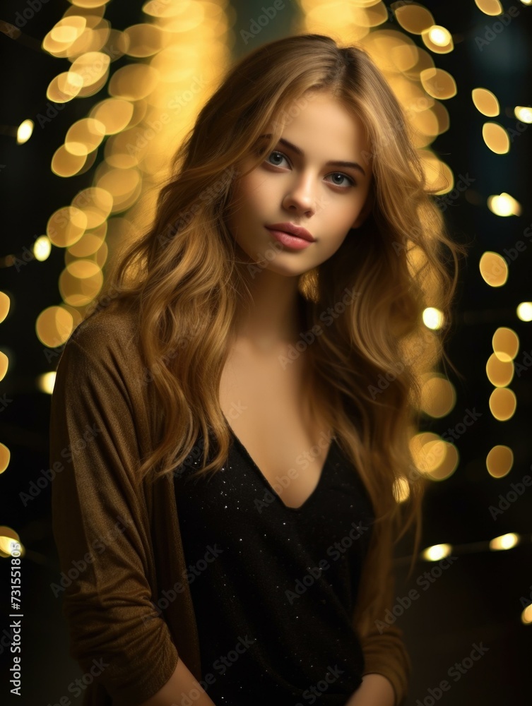 Beautiful young woman posing in front of lights. Generative AI.