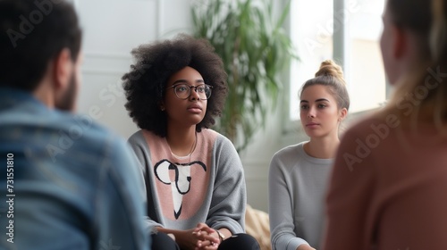 Attentive young woman with curly hair and glasses participating in a diverse group therapy session  symbolizing care and support in a confidential setting.