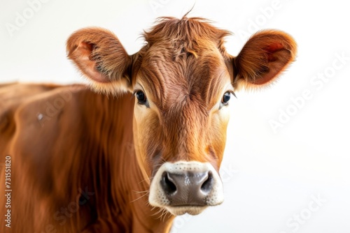 Innocent looking cow with brown coat isolated on white background