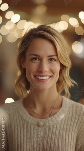 A woman smiling with bokeh on the background. Generative AI. photo