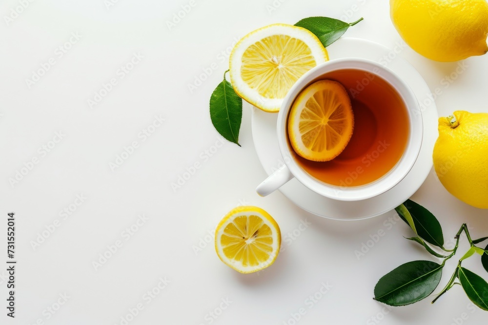 Teacup and lemon on white Top view space Teacup and lemon on white Top view space