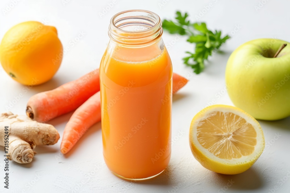 Detox smoothie with natural organic ingredients for weight loss or fasting Carrot apple ginger and lemon blend in a bottle Detox smoothie with natural organic ingredients for weight loss or fasting Carrot apple ginger and lemon blend in a bottle