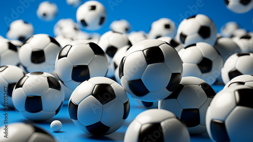 Many identical football balls lying in a huge heap on a blue background. Sport games. Sport equipment and gear. Team games.