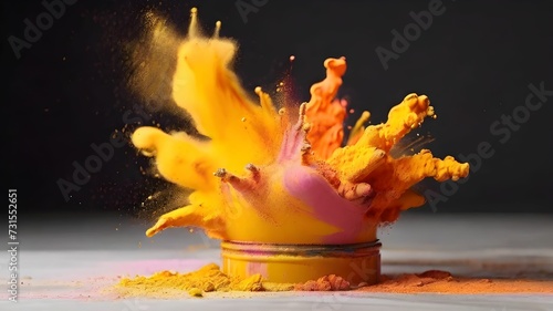 Yellow holi powder bursts on a black background