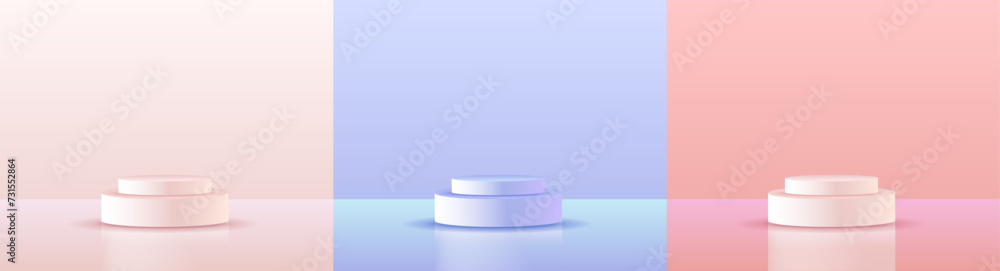 A set of three 3D images in pastel colors.
Product demonstration on the podium. Vector image, banner.
A set of three 3D images in pastel colors.
Product demonstration on the podium. Vector image, banner.