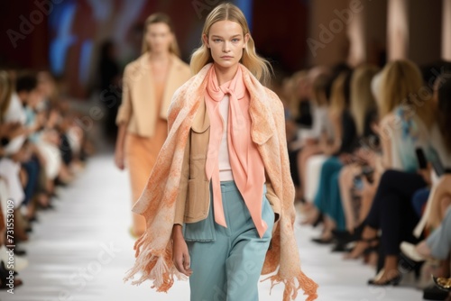 a model walking down the runway in a mix of summer and fall clothing items