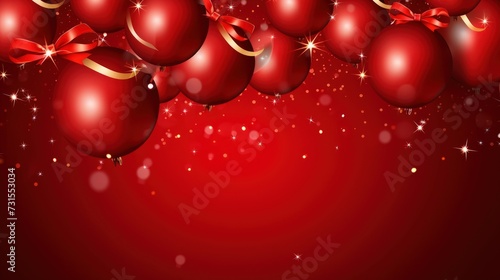 Christmas and New Year greeting card with balls, ribbons, and confetti on a red background