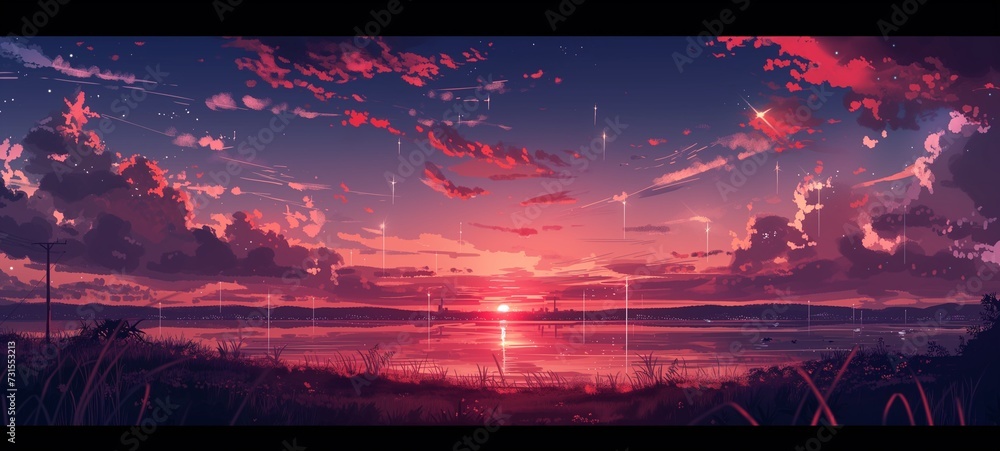 Panoramic anime-style illustration capturing a magical sunset with vibrant hues, shooting stars, and the calm reflection of the sun on water, blending everyday scenes with whimsical beauty.