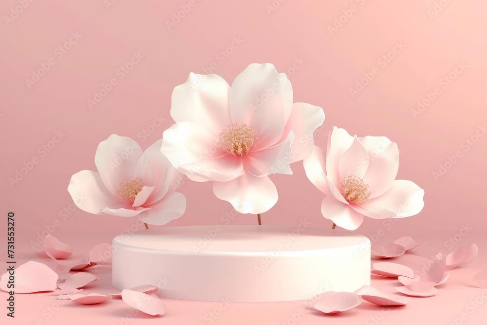 Front view of a trendy pink background with an abstract white podium and a flower suitable for advertising Front view of a trendy pink background with an abstract white podium and a flower suitable for advertising