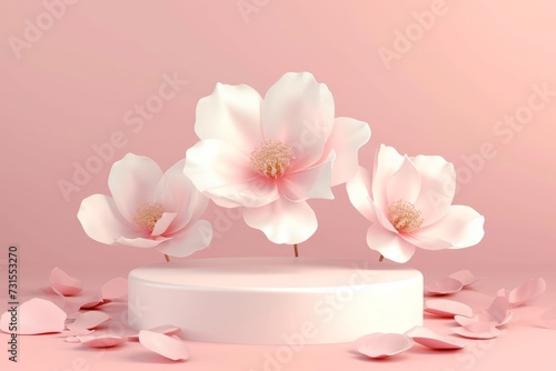 Front view of a trendy pink background with an abstract white podium and a flower suitable for advertising