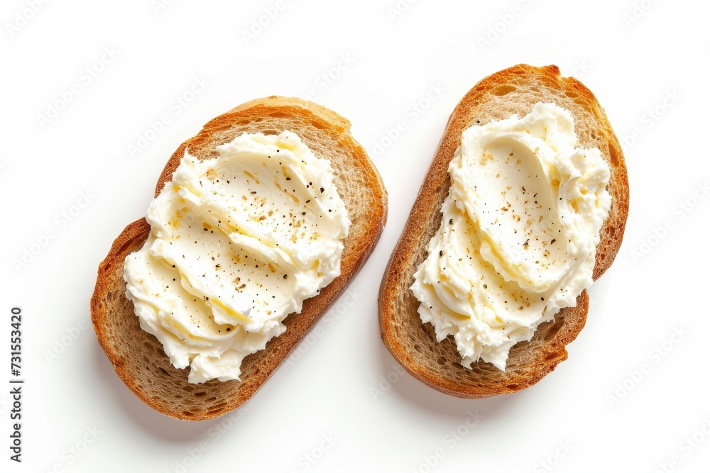 White background top view of cream cheese on toast