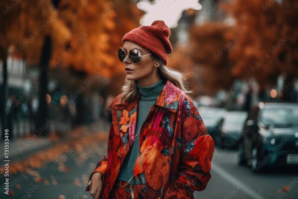 a woman, dressed in bold and colorful autumn outfit, walking down the street