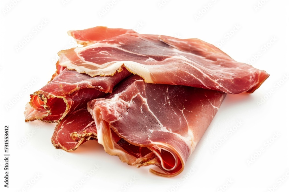 Italian prosciutto crudo or Spanish jamon Salted meat alone on white backdrop