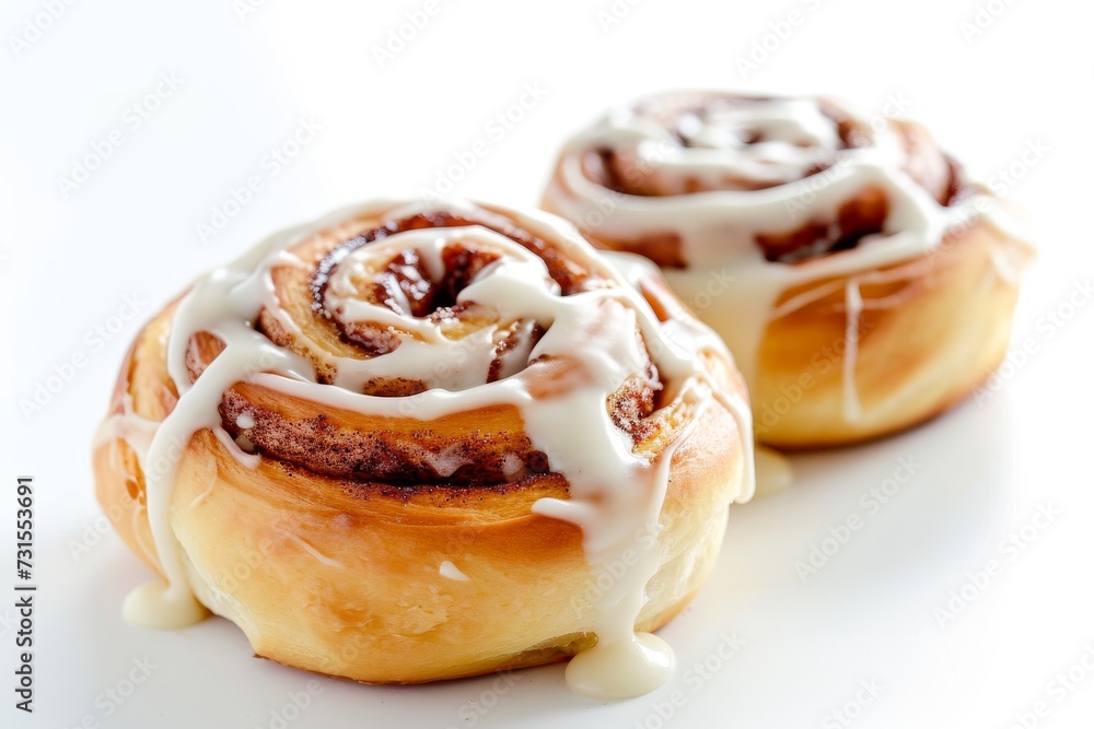 Two cinnamon rolls with icing on a white surface Two cinnamon rolls with icing on a white surface
