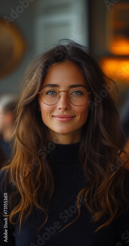 Woman in Glasses Smiles with Colleagues in Corporate Setting