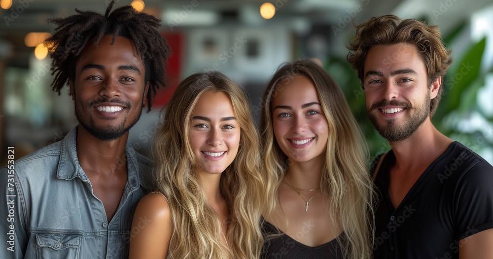 Four Young Employees Sharing Laughter and Smiles in Workplace