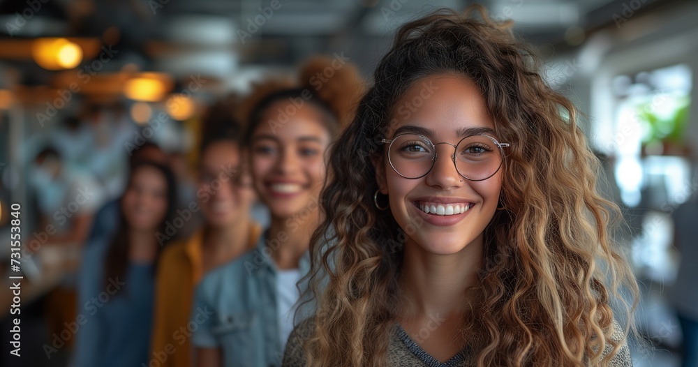 Fototapeta premium Four Young Employees Sharing Laughter and Smiles in Workplace