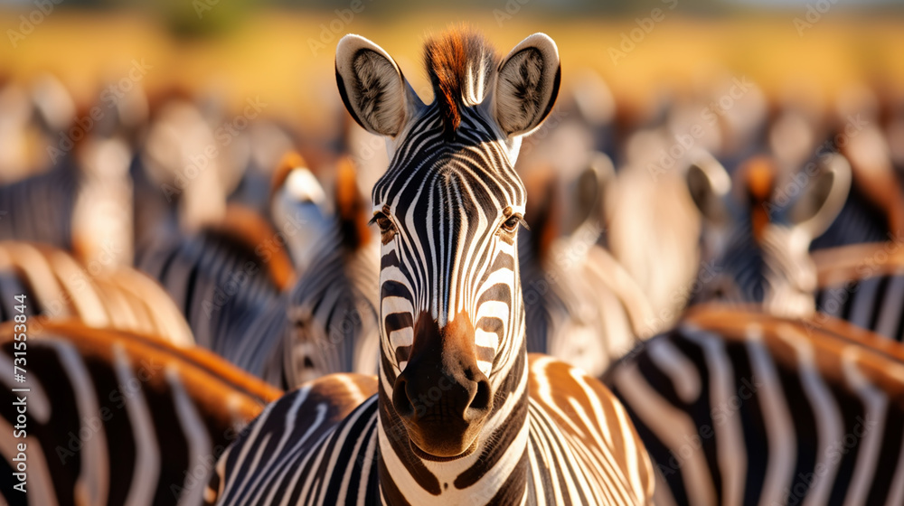 close up from a zebra surrounded with black and white stripes in his herd - obrazy, fototapety, plakaty 