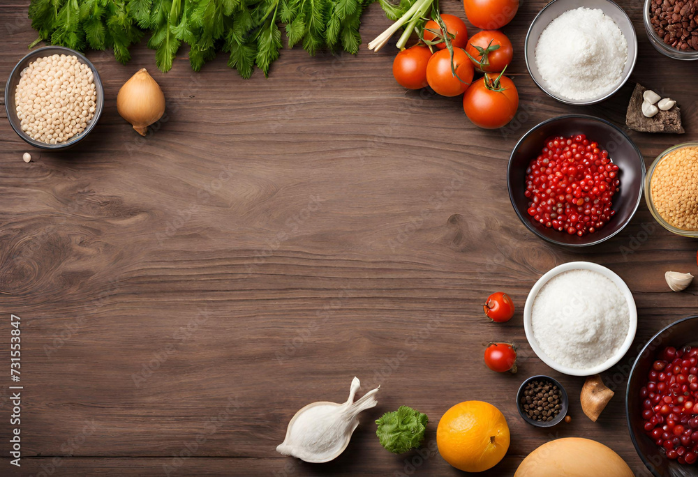 food ingredients on wood background, Vegetarian food, health or cooking concept. food ingredients on wood background, Vegetarian food, health or cooking concept.