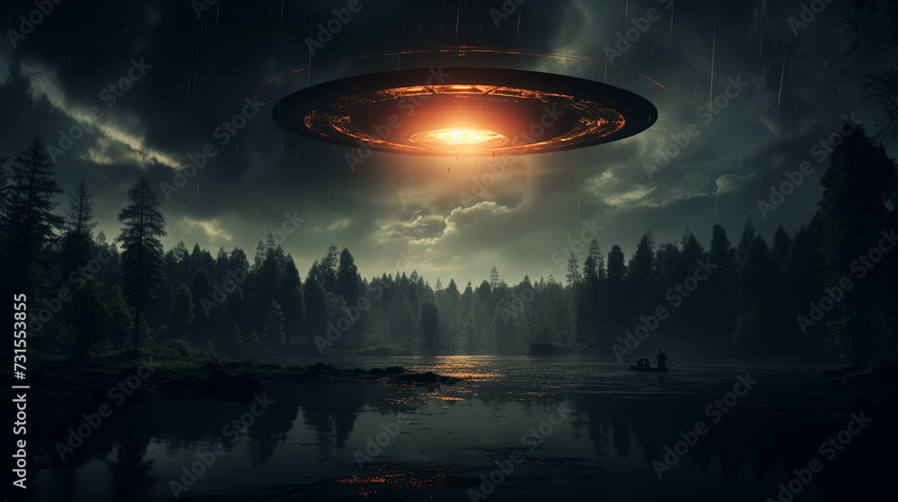 UFO, an alien plate hovering over the field, hovering motionless in the air. UFO, an alien plate hovering over the field, hovering motionless in the air.