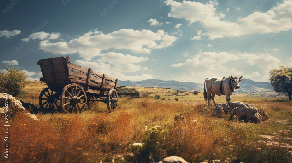 Obraz premium Art rural landscape, ox cart on a rocky road in the middle of a meadow. Generative AI