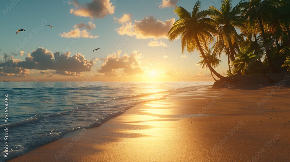 A serene beach at sunrise, with golden sands stretching as far as the eye can see. Palm trees sway gently in the ocean breeze, casting dappled shadows on the sand. Seagulls cry overhead as waves lap a