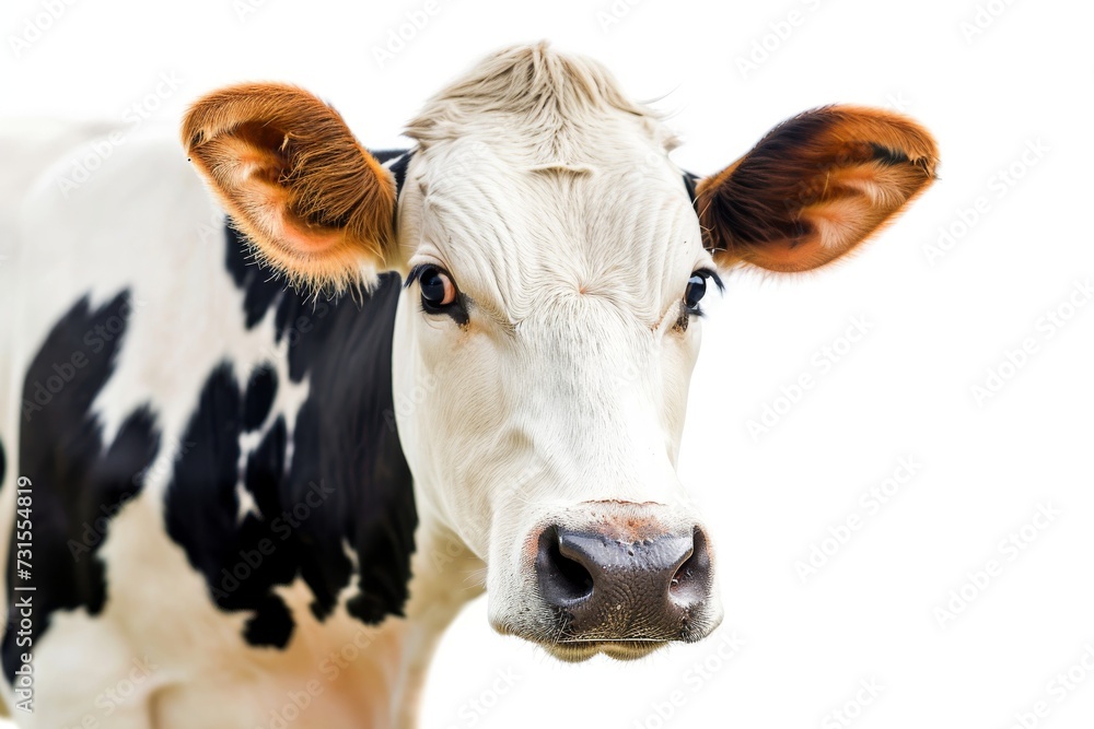 Humorous cow alone on white backdrop