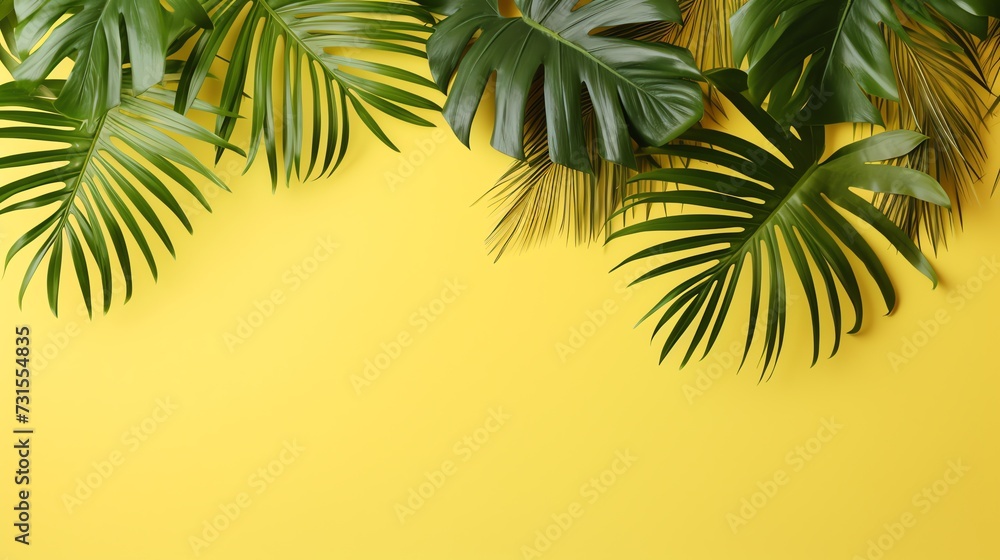 Yellow background with tropical palms leaves with empty space for text. AI generated image.