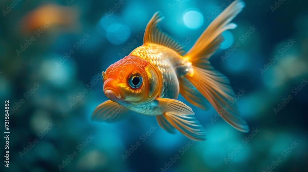 portrait of goldfish in aquarium blue water closeup portrait of goldfish in aquarium blue water closeup